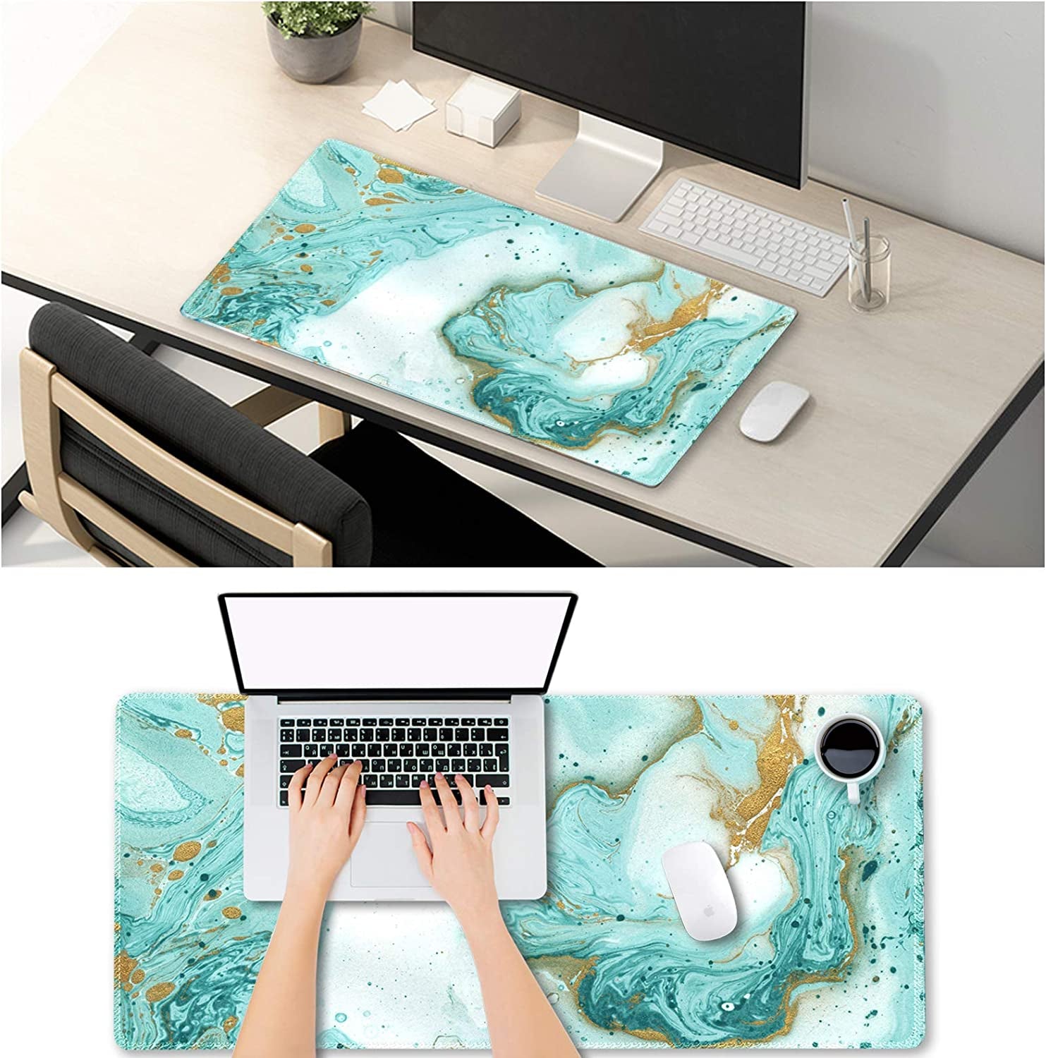 Extended Gaming Mouse Pad XXL Artso Large Keyboard Mat Long Mousepad Desk Decor Writing Pad Non Slip Rubber Base Stitched Edges for Work, Game, Office, Home, 35.1 X 15.7 In, Teal Turqoise Marble