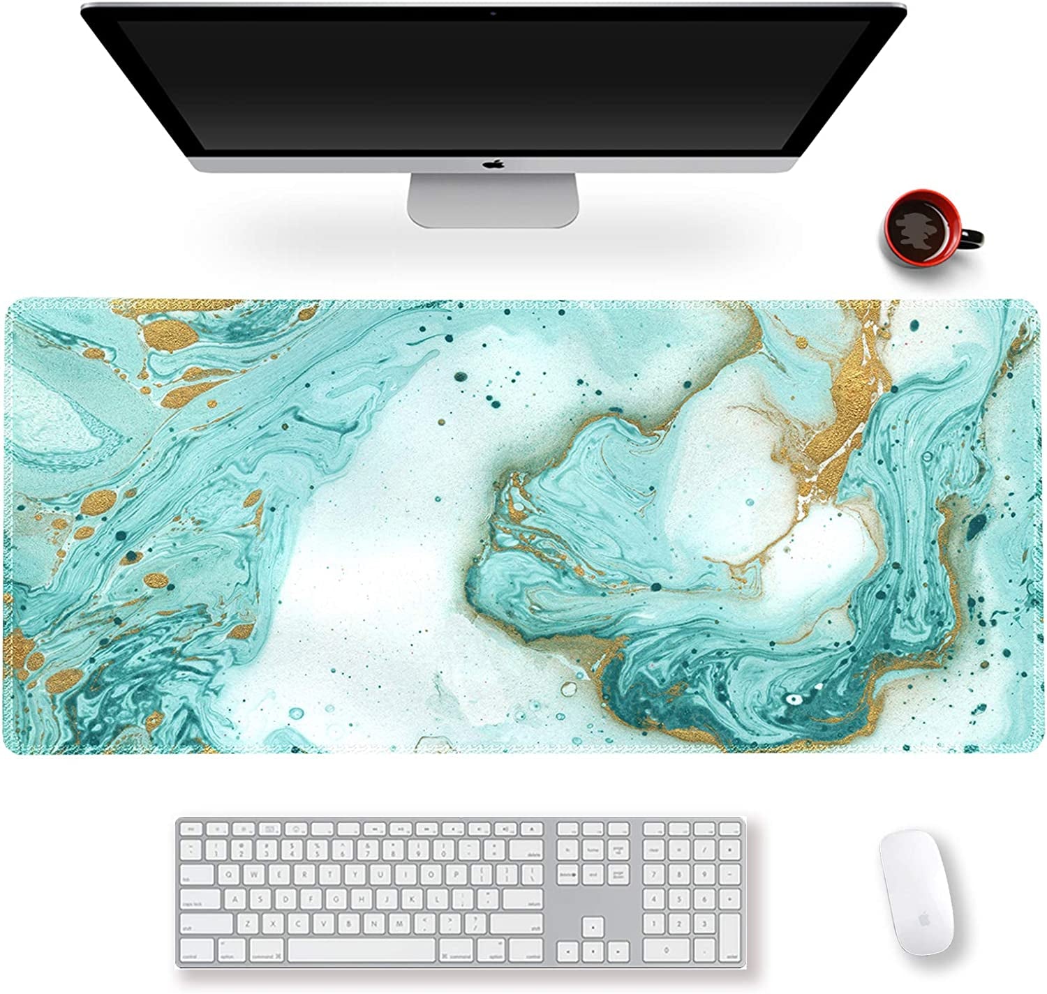 Extended Gaming Mouse Pad XXL Artso Large Keyboard Mat Long Mousepad Desk Decor Writing Pad Non Slip Rubber Base Stitched Edges for Work, Game, Office, Home, 35.1 X 15.7 In, Teal Turqoise Marble