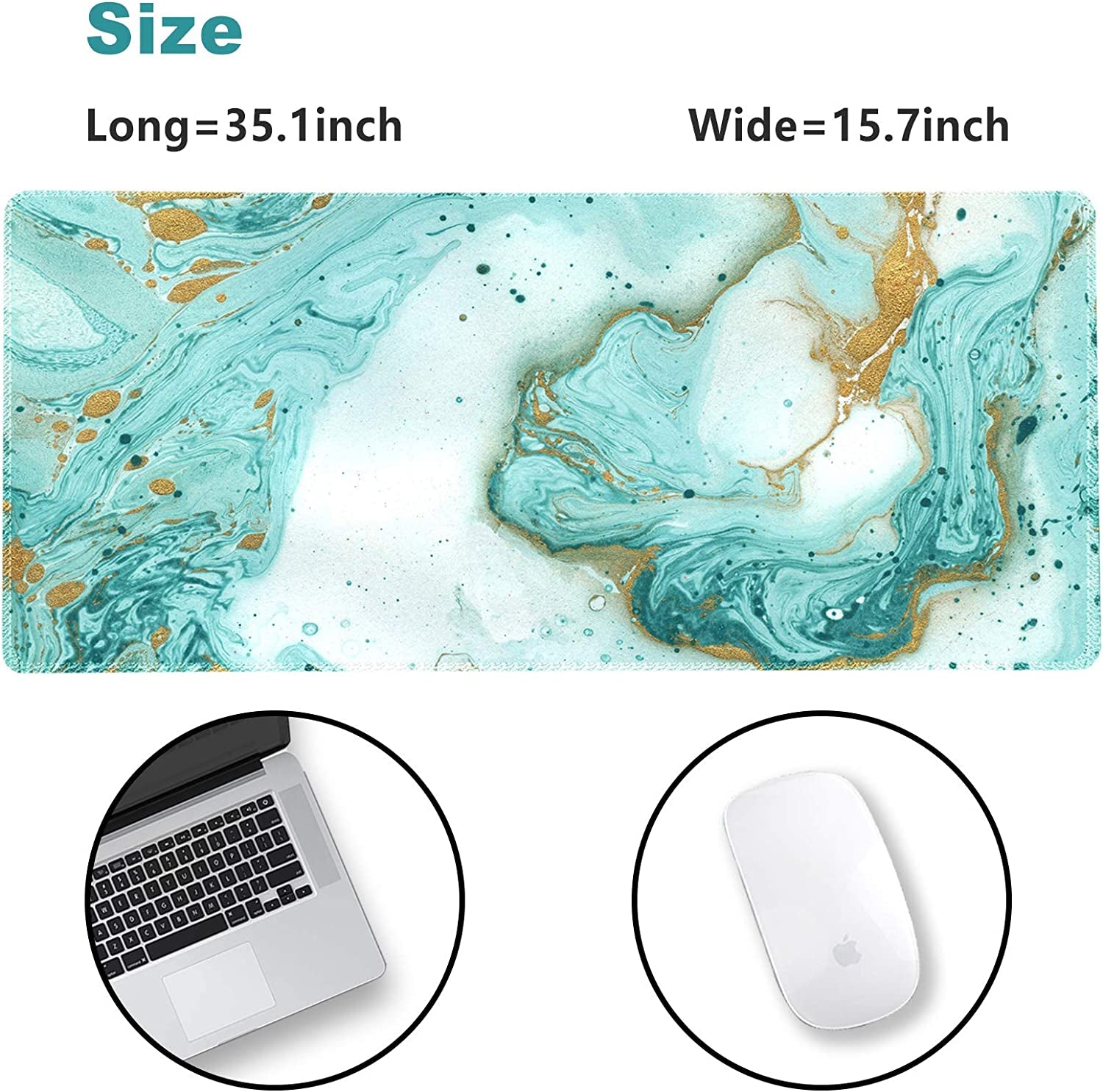 Extended Gaming Mouse Pad XXL Artso Large Keyboard Mat Long Mousepad Desk Decor Writing Pad Non Slip Rubber Base Stitched Edges for Work, Game, Office, Home, 35.1 X 15.7 In, Teal Turqoise Marble