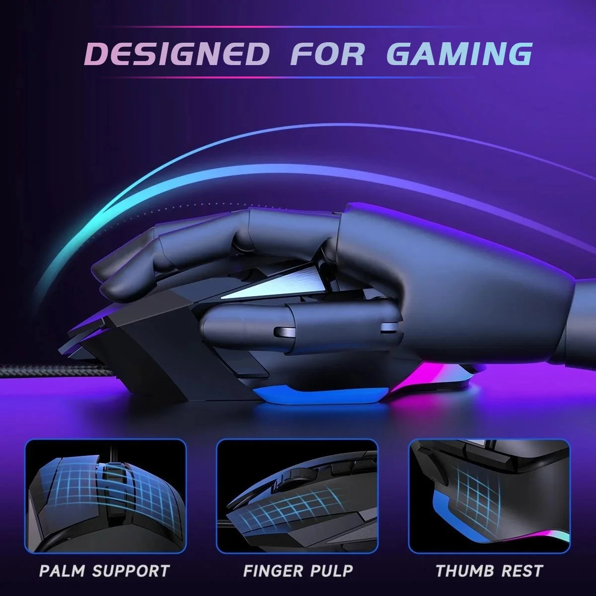 UDH Gaming Mouse, Wired Optical Gaming Mouse, 16000 DPI, 8 Programmable Buttons, RGB Lighting, Black