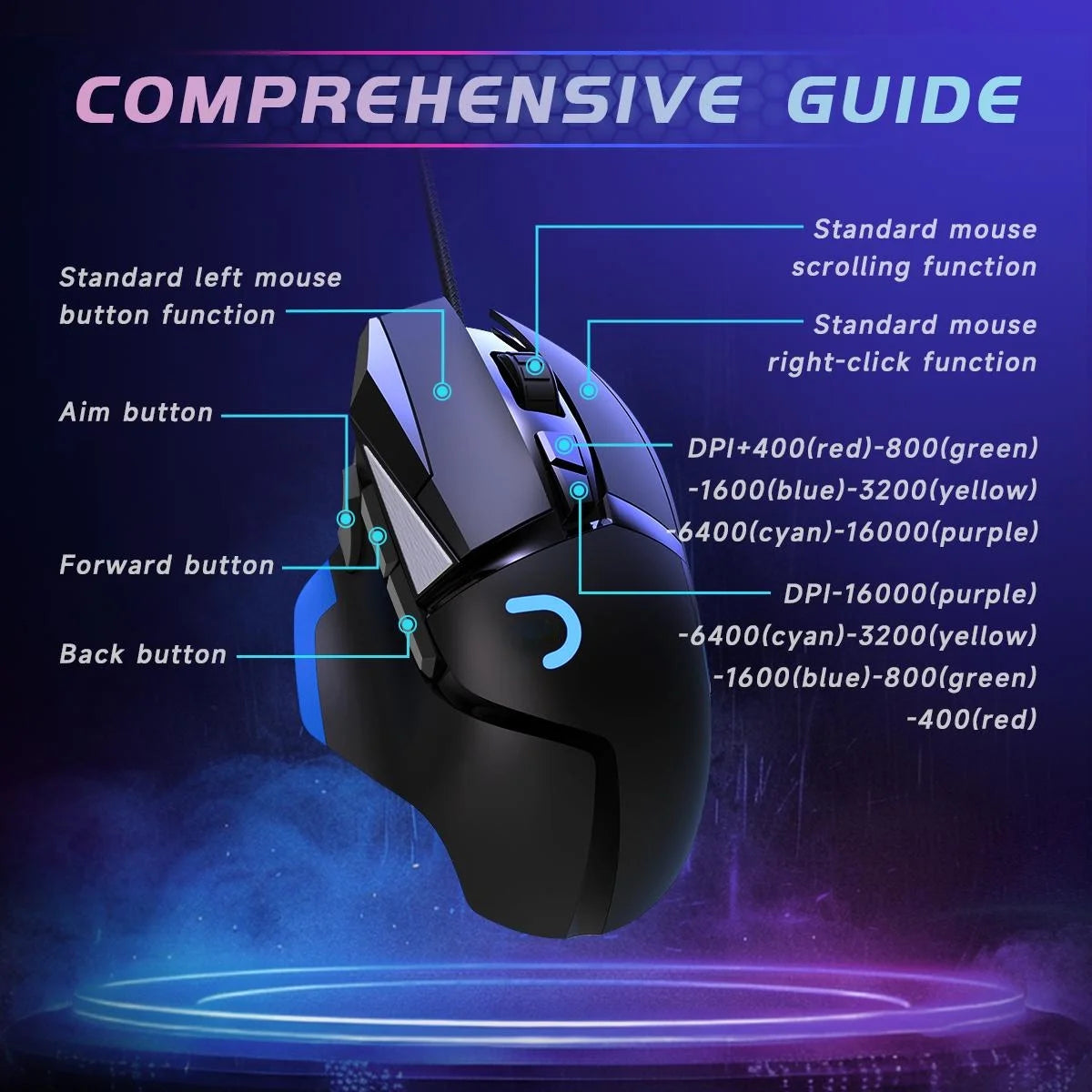 UDH Gaming Mouse, Wired Optical Gaming Mouse, 16000 DPI, 8 Programmable Buttons, RGB Lighting, Black
