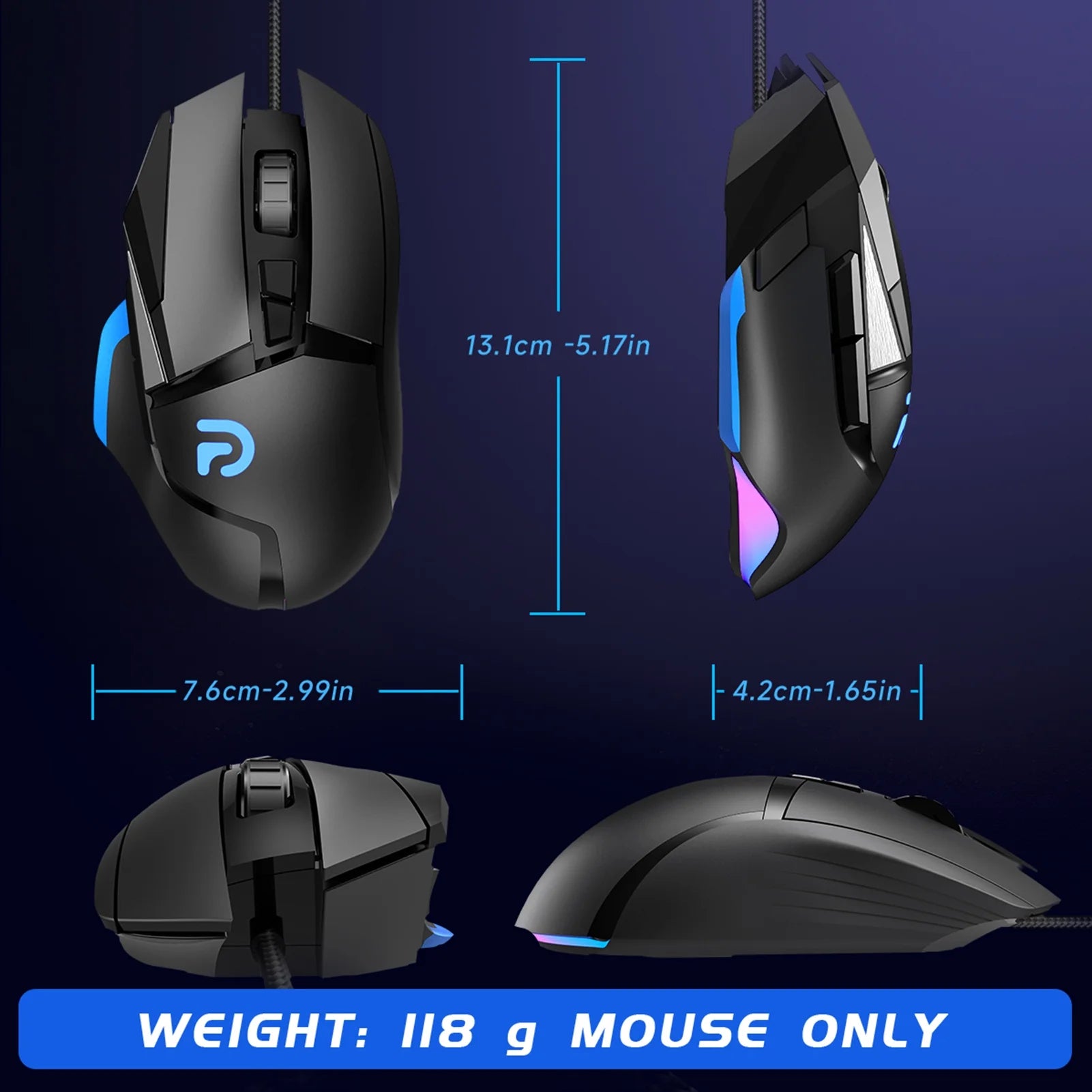 UDH Gaming Mouse, Wired Optical Gaming Mouse, 16000 DPI, 8 Programmable Buttons, RGB Lighting, Black
