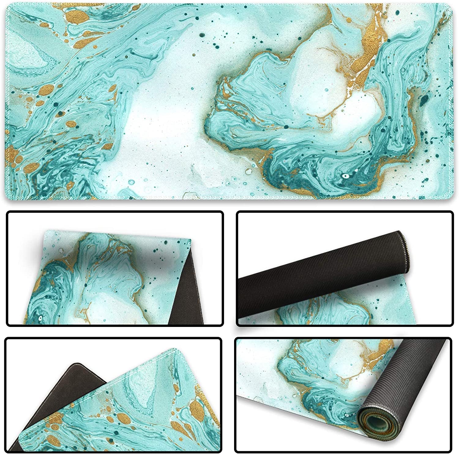 Extended Gaming Mouse Pad XXL Artso Large Keyboard Mat Long Mousepad Desk Decor Writing Pad Non Slip Rubber Base Stitched Edges for Work, Game, Office, Home, 35.1 X 15.7 In, Teal Turqoise Marble