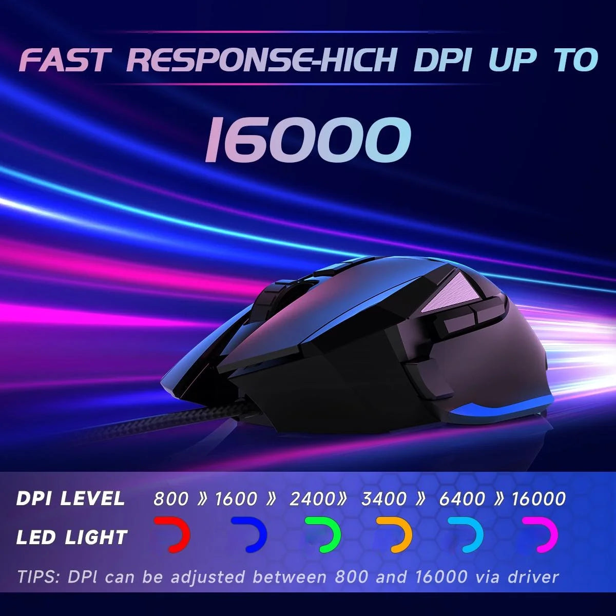 UDH Gaming Mouse, Wired Optical Gaming Mouse, 16000 DPI, 8 Programmable Buttons, RGB Lighting, Black