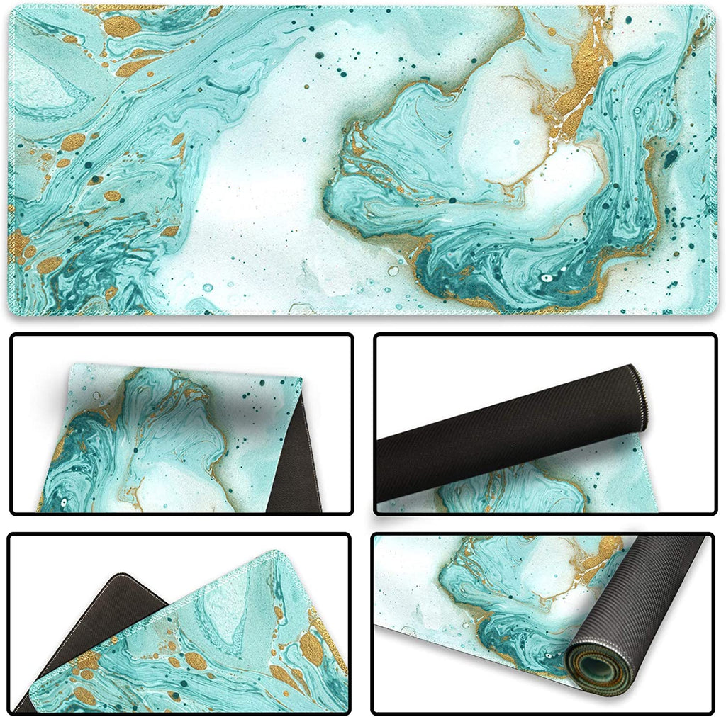 Extended Gaming Mouse Pad XXL Artso Large Keyboard Mat Long Mousepad Desk Decor Writing Pad Non Slip Rubber Base Stitched Edges for Work, Game, Office, Home, 35.1 X 15.7 In, Teal Turqoise Marble