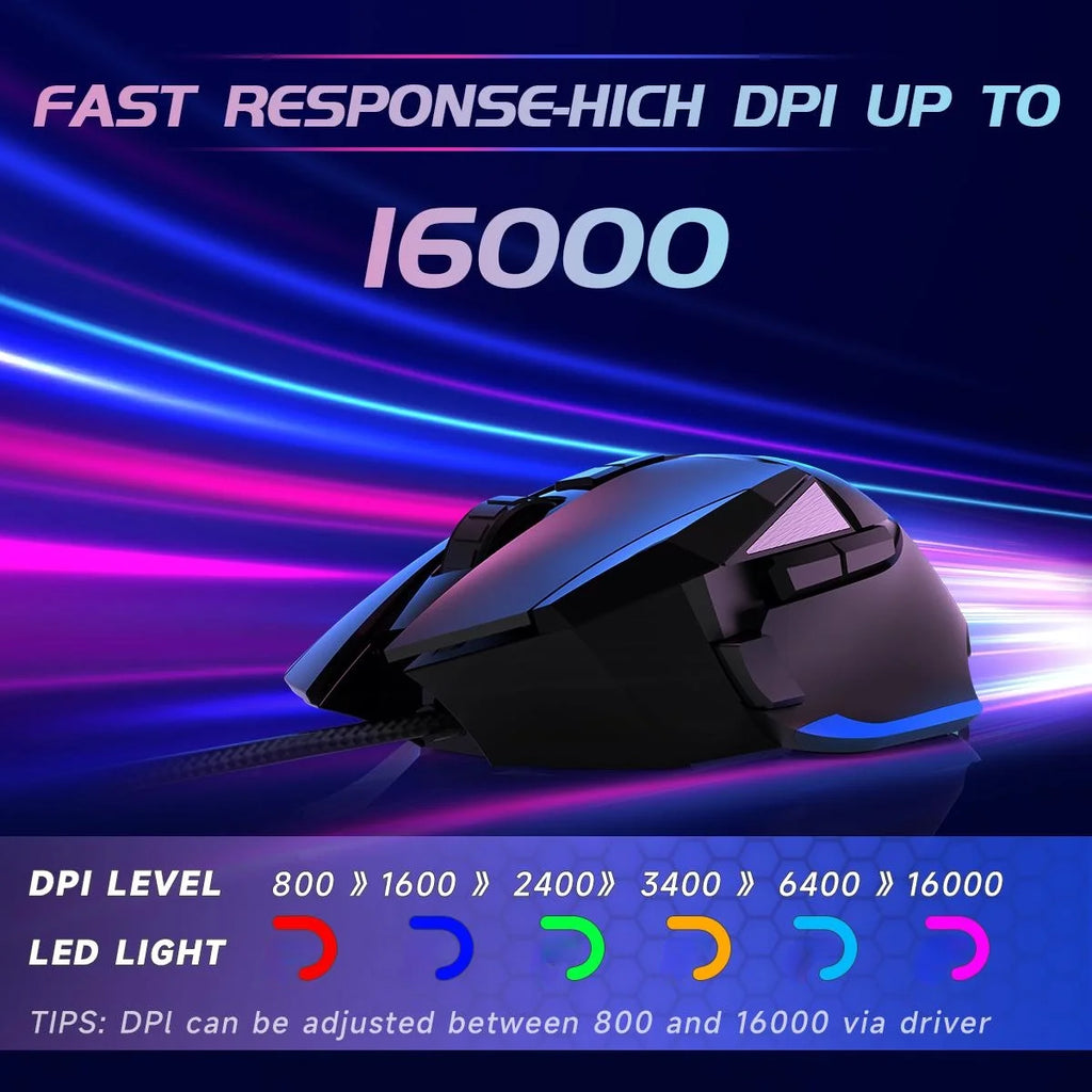 UDH Gaming Mouse, Wired Optical Gaming Mouse, 16000 DPI, 8 Programmable Buttons, RGB Lighting, Black